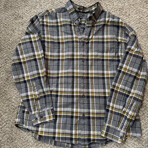 Eddie Bauer Shirt XL Classic Plaid Long Sleeve Button Up Pocket Gray And Gold
